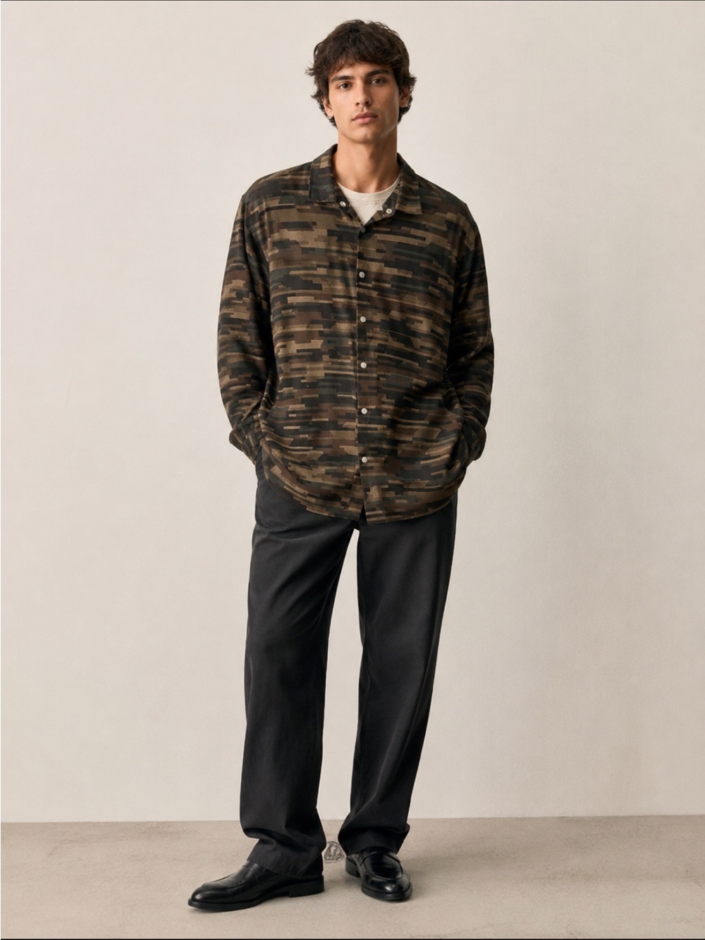 Zara Man Camouflage Camo Knit Snap Button Shirt Long Sleeve Size Large Earthy - Picture 2 of 8